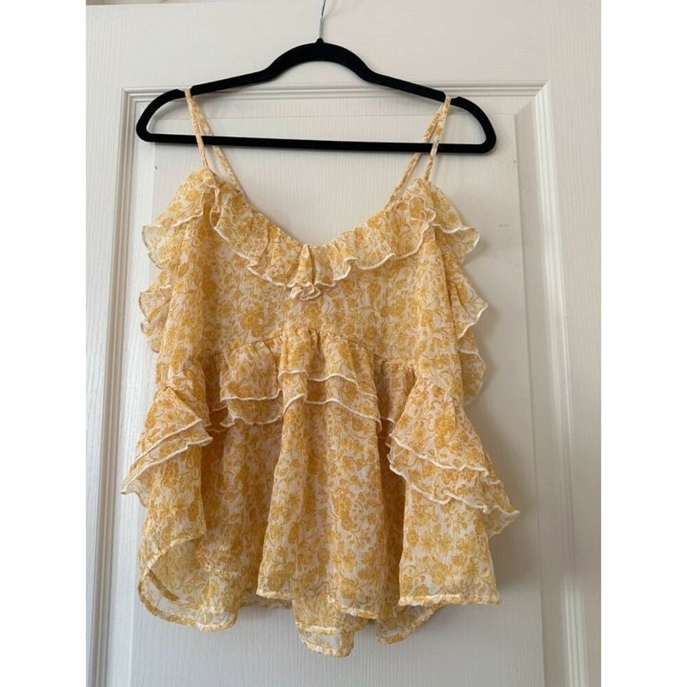 Old Navy Yellow Floral Ruffled Spaghetti Strap Tank Top, Size L Tall